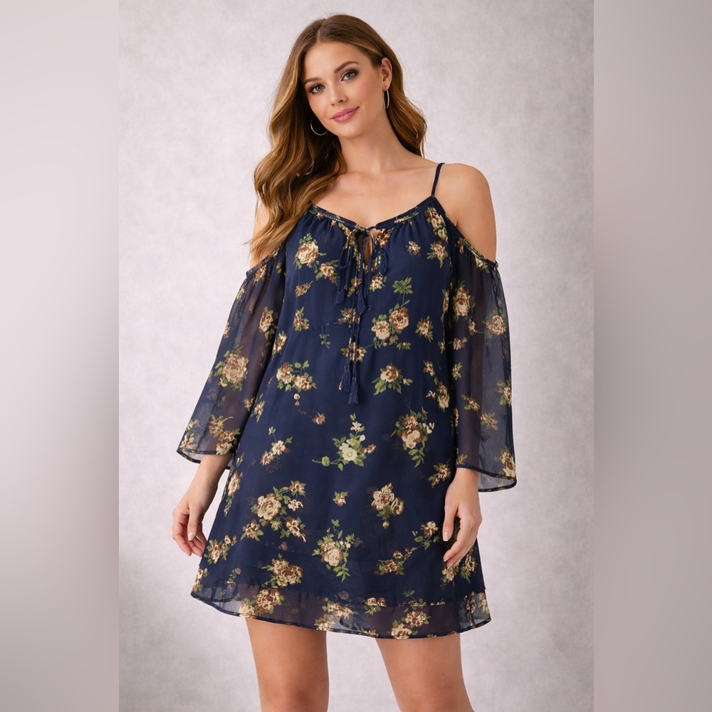 Purple Snow Navy‎ Floral Cold Shoulder Mini Dress Medium Sheer Sleeve Boho